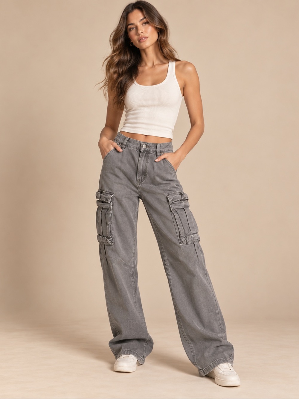 Gray Denim Cargo Jeans High Rise Baggy Wide Leg Y2K Streetwear